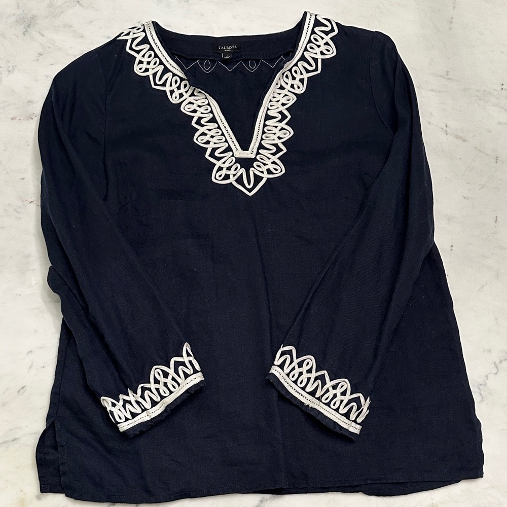 Talbots Dark Blue Blouse with White Detailing. 100% Linen